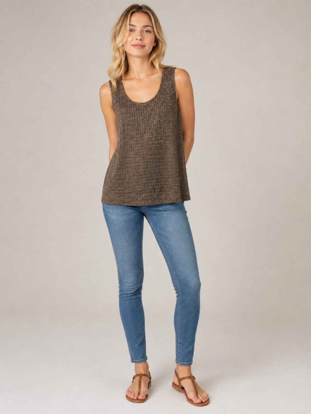 2/$30 Chico's Textured Check Scoop Neck Tank Top Taupe 16 #A4119